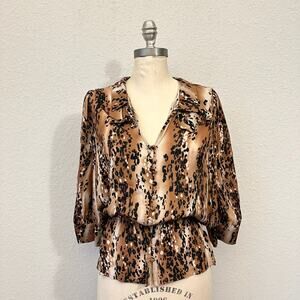 PARKER Top Blouse Brown Leopard Print Silk Dolman Sleeve Peplum